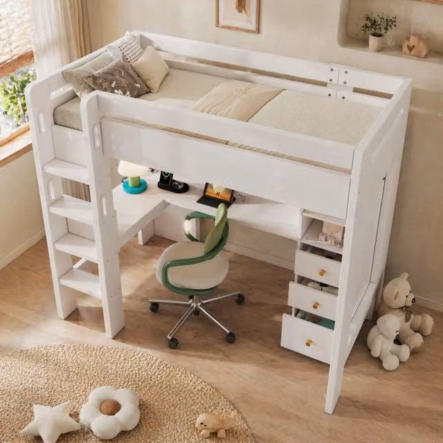 Letto a soppalco ULEVR 90x200 cm con scrivania angolare, 3 cassetti, 3 ripiani e ricarica USB/Type-C, bianco