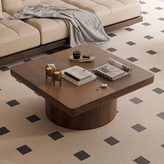 Tavolino basso fisso quadrato da soggiorno con piano a parquet e base cilindrica in legno e MDF color noce