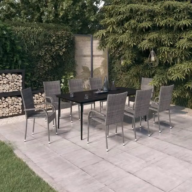Set da pranzo da giardino vidaXL in polyrattan con tavolo in vetro e 9 pezzi in grigio e nero – 1
