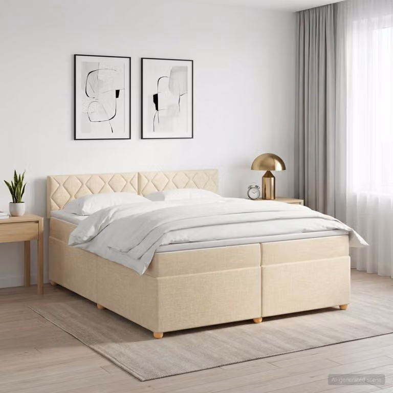 Letto box spring con materasso ibrido vidaXL in tessuto beige e bianco, L/P/H: 200 x 200 x 88 cm