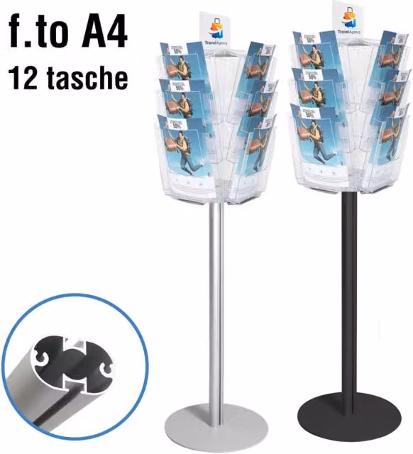 Porta depliant girevole con 12 tasche A4 trasparente in metallo e plastica Top Eventi Store