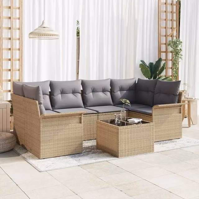 Set Divano da Giardino 7 pcs 6-Seater Beige e grigio polyrattan 3353929