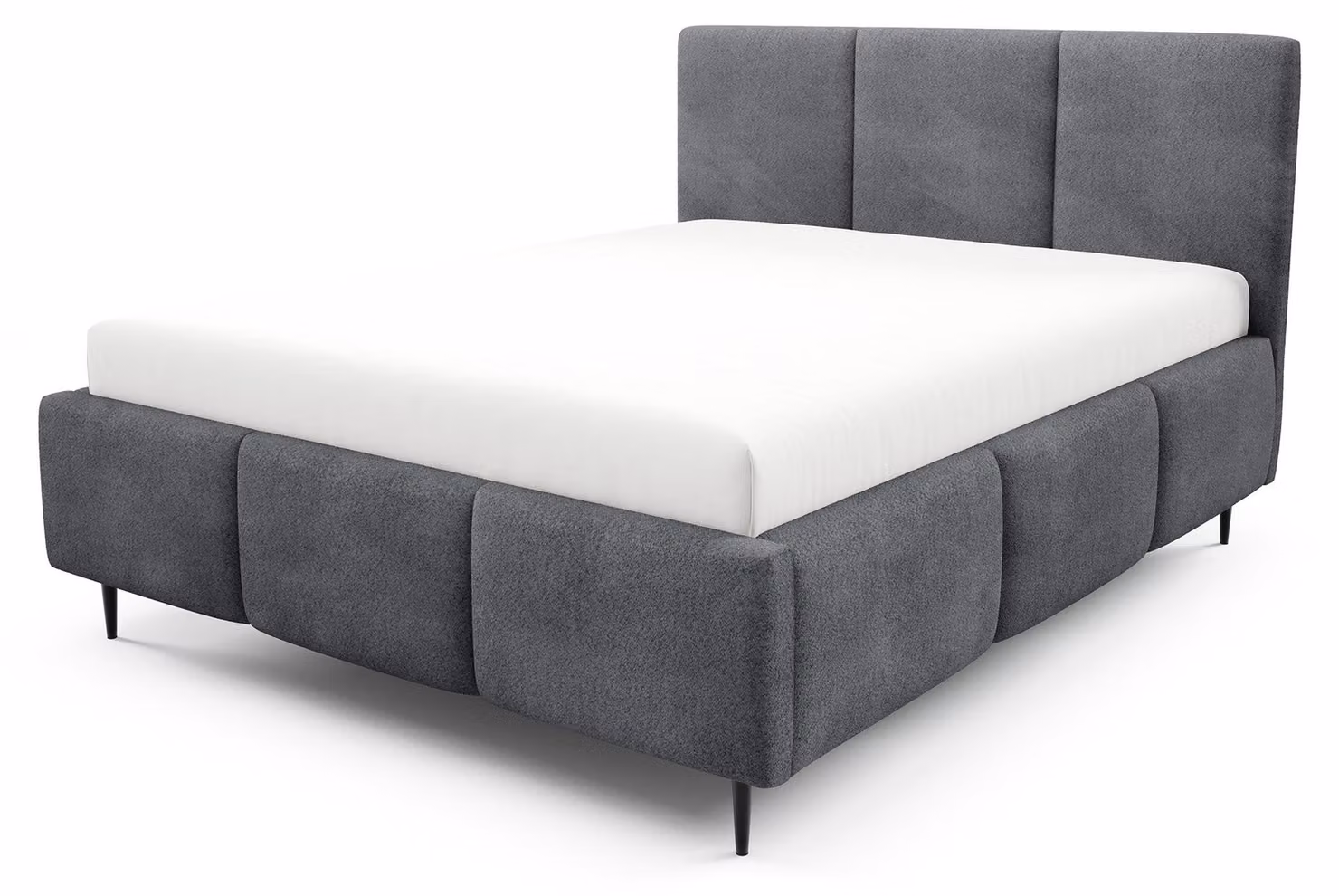 Letto imbottito con contenitore integrato, modello Melora, finitura grafite, dimensioni 140 x 200 cm