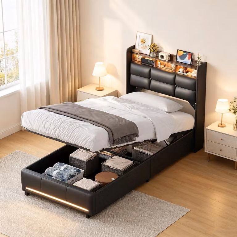 Letto imbottito INONEFT 90x200 con LED e barra USB/C/prese, letto singolo per adolescenti, struttura letto per adulti, in PU, colore nero