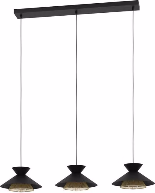 Lampadario a sospensione Eglo Grizedale in metallo nero e ottone con 3 luci E27 e paralumi in vetro trasparente