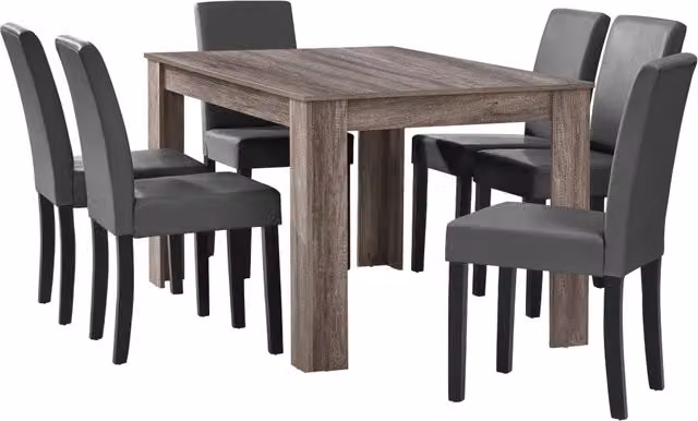 Set Pranzo en.casa con Tavolo Rettangolare e 6 Sedie in Similpelle, Effetto Rovere Antico e Grigio Scuro, L: 140 cm, P: 90 cm, H: 77 cm