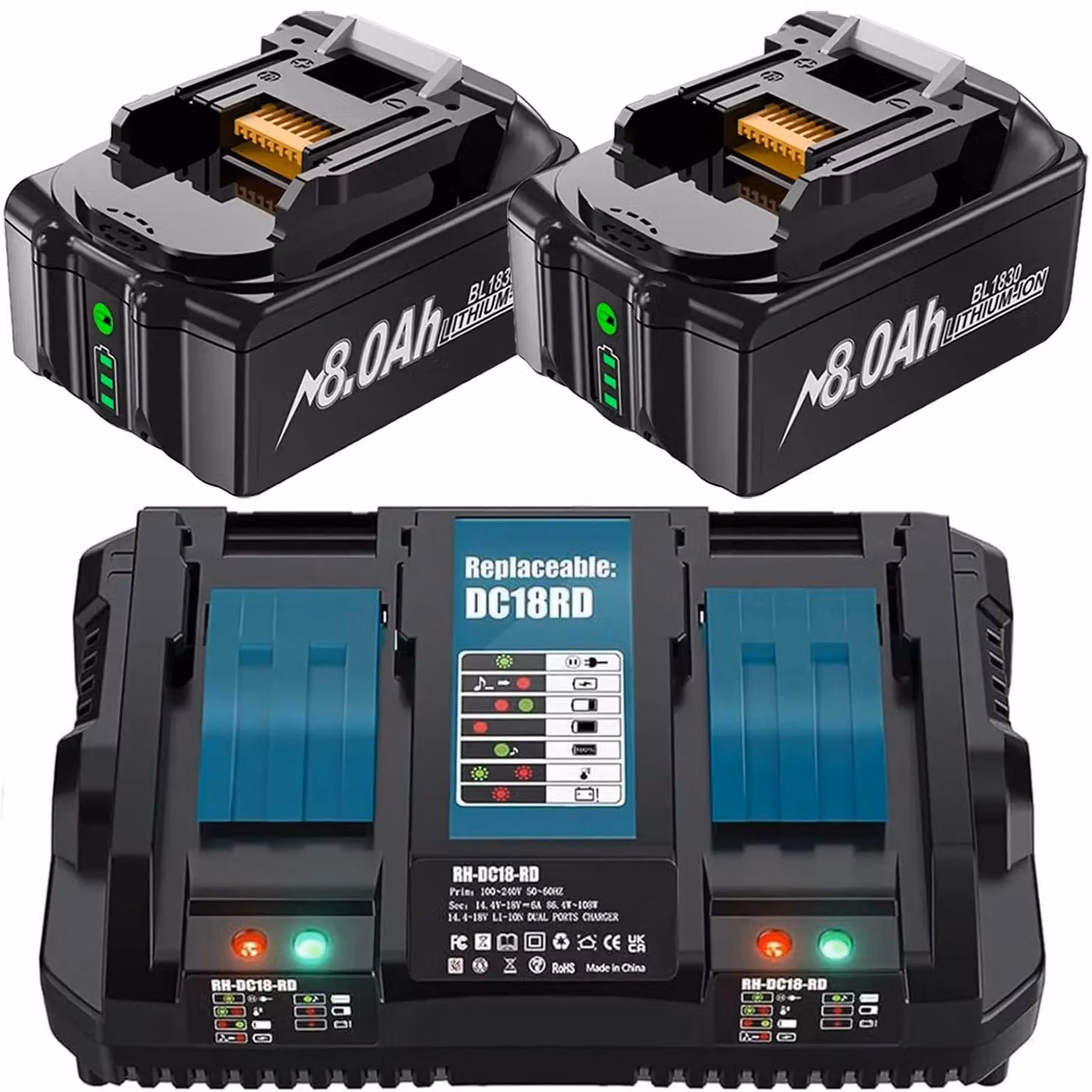 Batteria di ricambio per utensili elettrici - Set di batterie agli ioni di litio da 18V - Capacità di 8000mAh - 2 batterie - Caricabatterie rapido da 6A - Compatibile con i modelli BL1830, BL1815, BL1860, BL1840