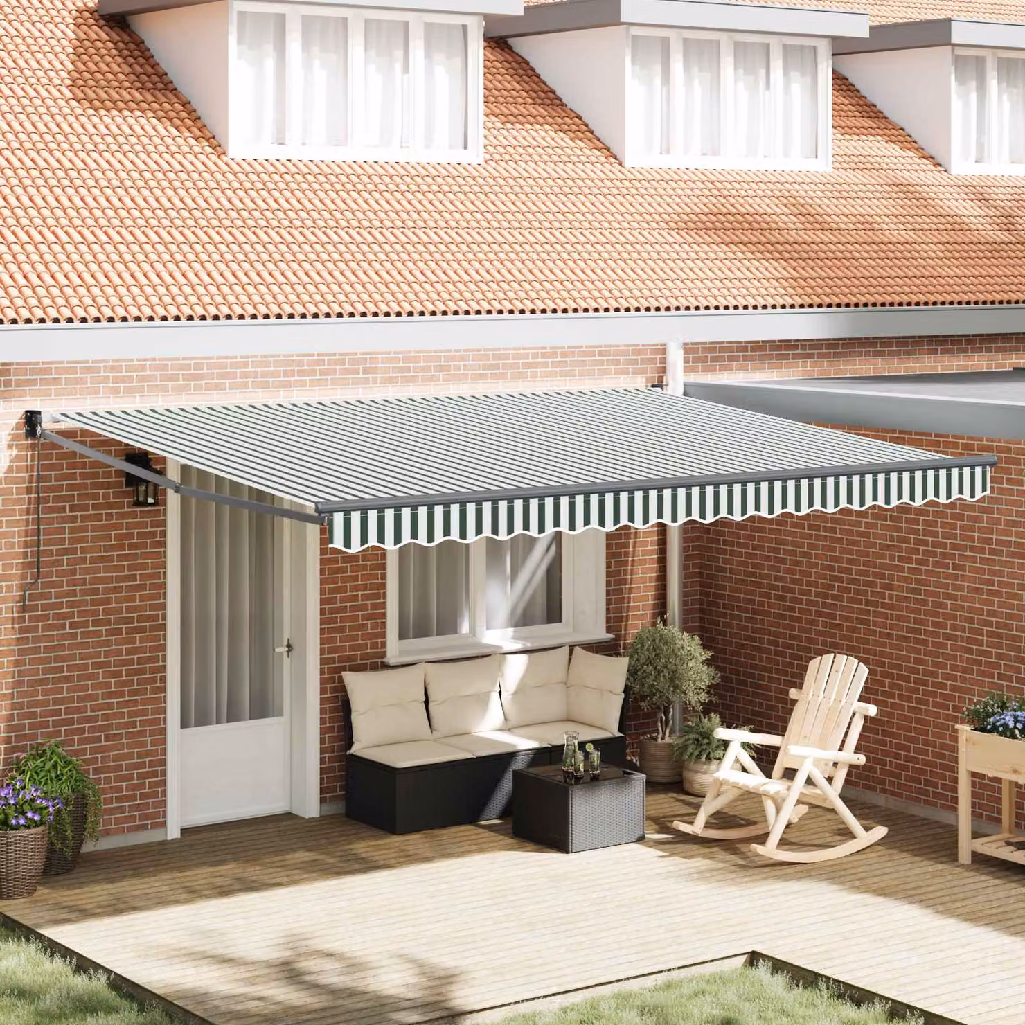 Tenda retrattile vidaXL con bracci pieghevoli in alluminio, Verde e Bianco, L: 450 cm, P: 300 cm, H: 165 cm