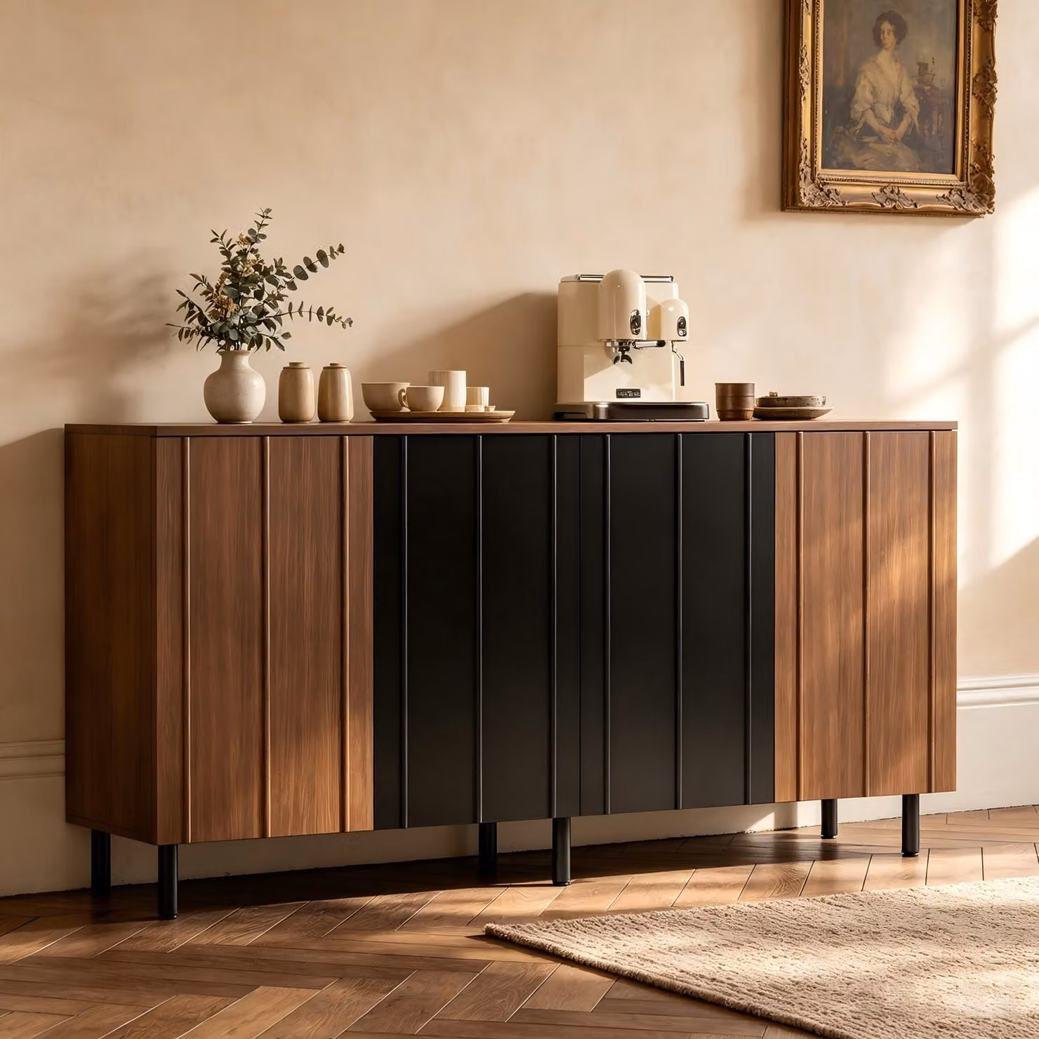 Credenza da cucina Merax con 4 ante e gambe in metallo, mobile contenitore in pannello truciolare, armadio per il soggiorno con scomparti suddivisi, finitura noce e nero