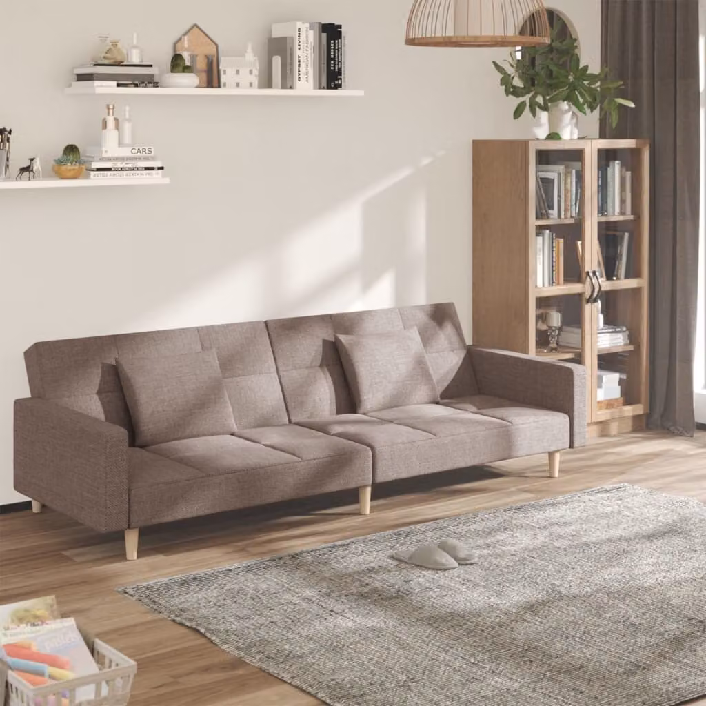 Divano letto 2 posti con 2 cuscini, rivestito in tessuto color taupe