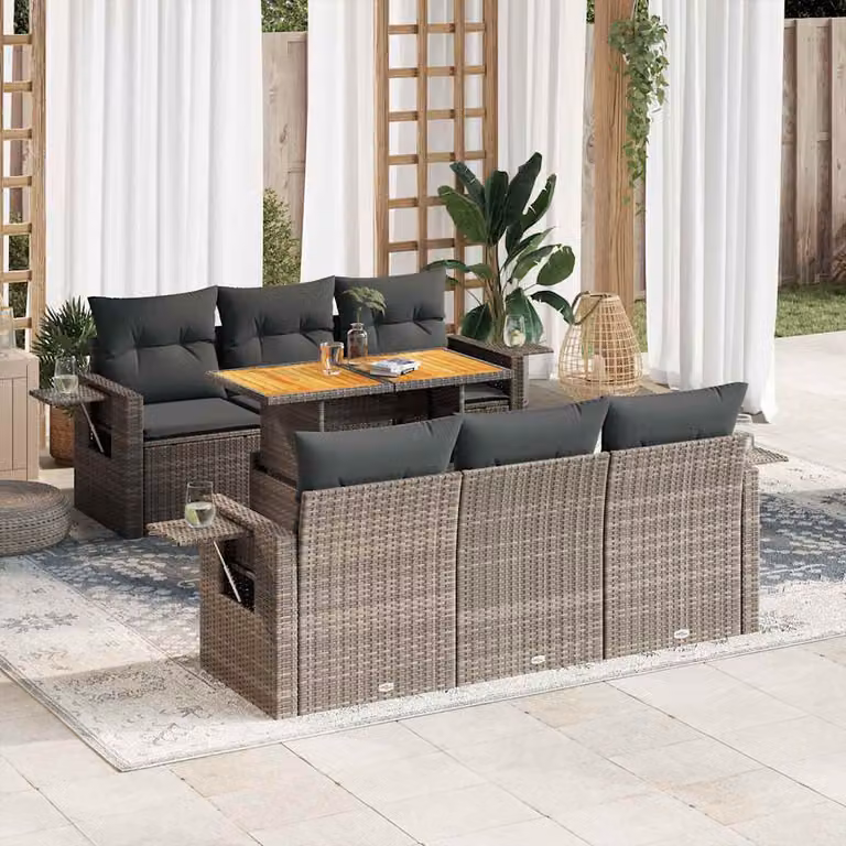 Set da giardino vidaXL in polyrattan grigio composto da 7 pezzi con cuscini e tavolino da esterno