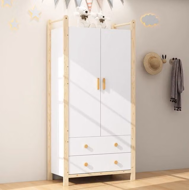 Armadio guardaroba 2 ante con appendiabiti e 2 cassetti; 90×45×180 cm; bianco e naturale