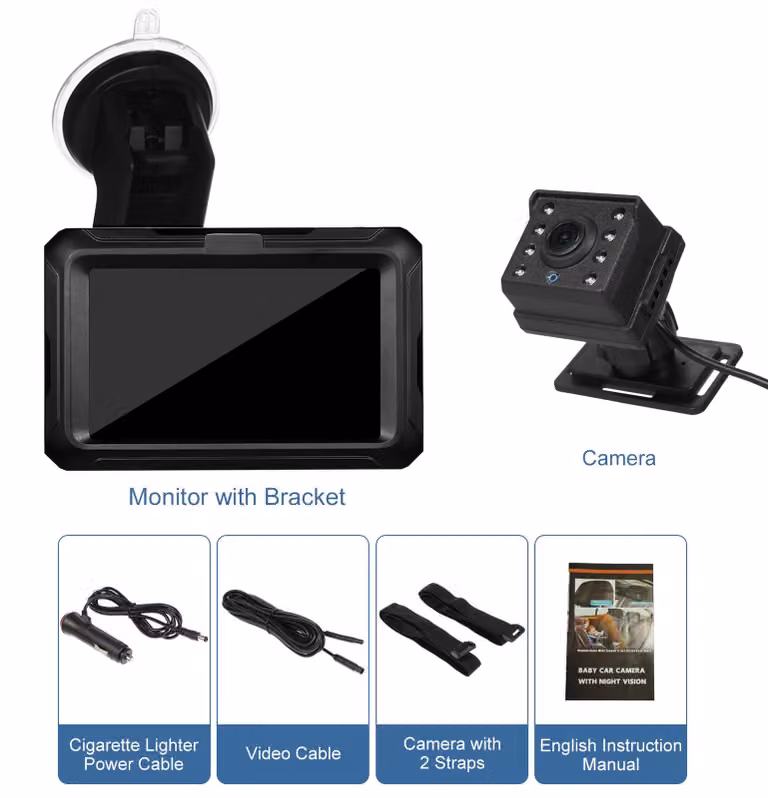 Telecamera per auto per bambini, schermo da 4,3 pollici, 1080p, orientata verso il sedile posteriore con visione notturna, rotazione a 360°, ampio angolo di visione, connettore USB per la sicurezza