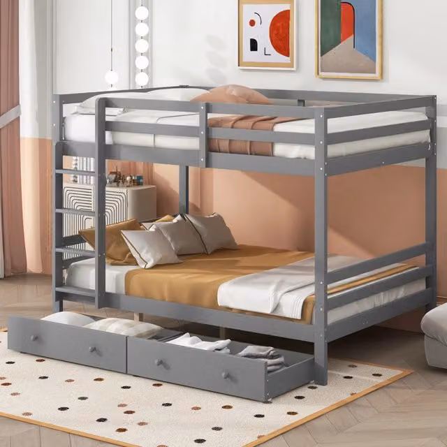 Letto a castello 140x200 cm con cassetti; scala e spazio contenitivo in legno di pino e MDF grigio