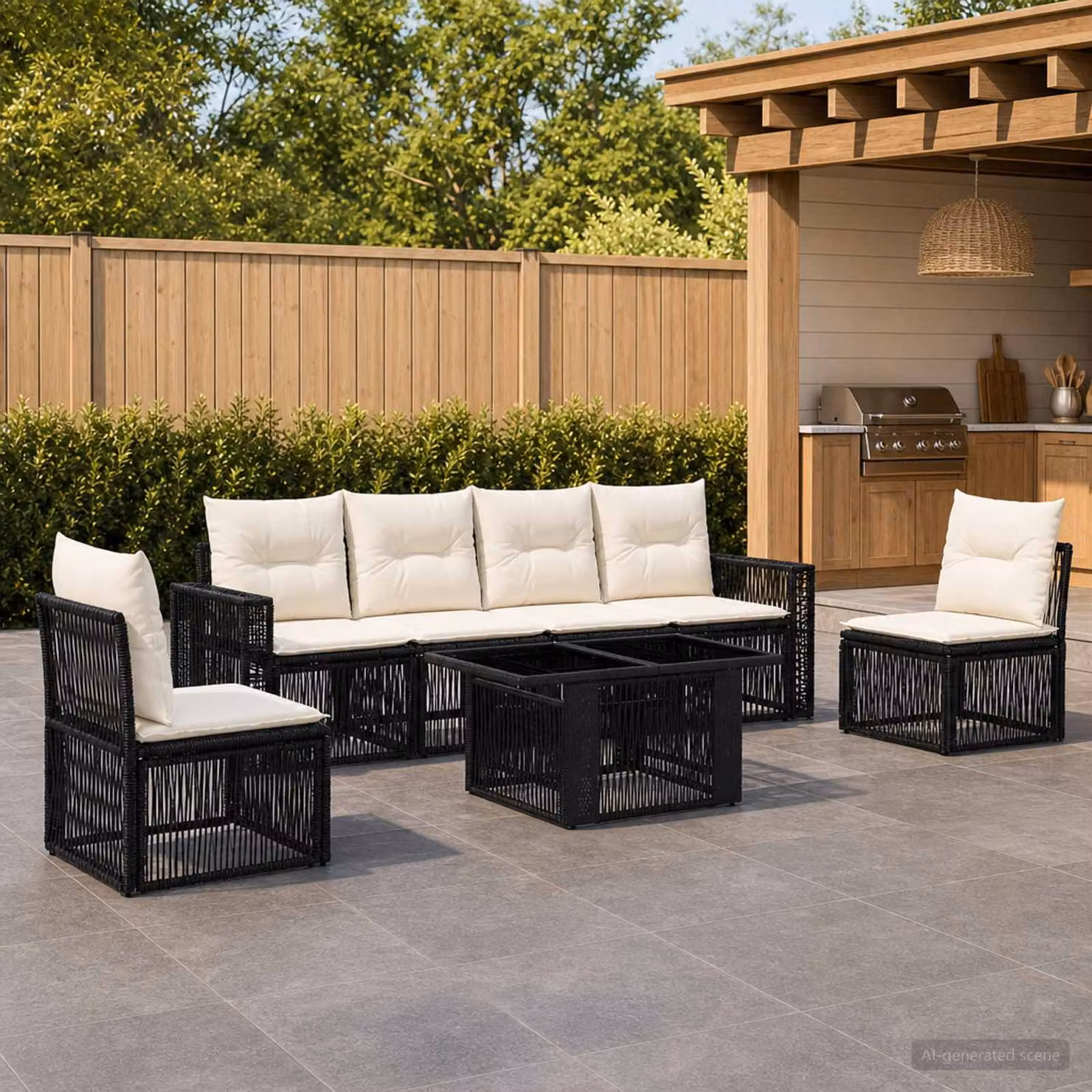 Set Divano da Giardino vidaXL 7 Pezzi in Polyrattan Nero e Bianco Crema con Cuscini e Tavolino