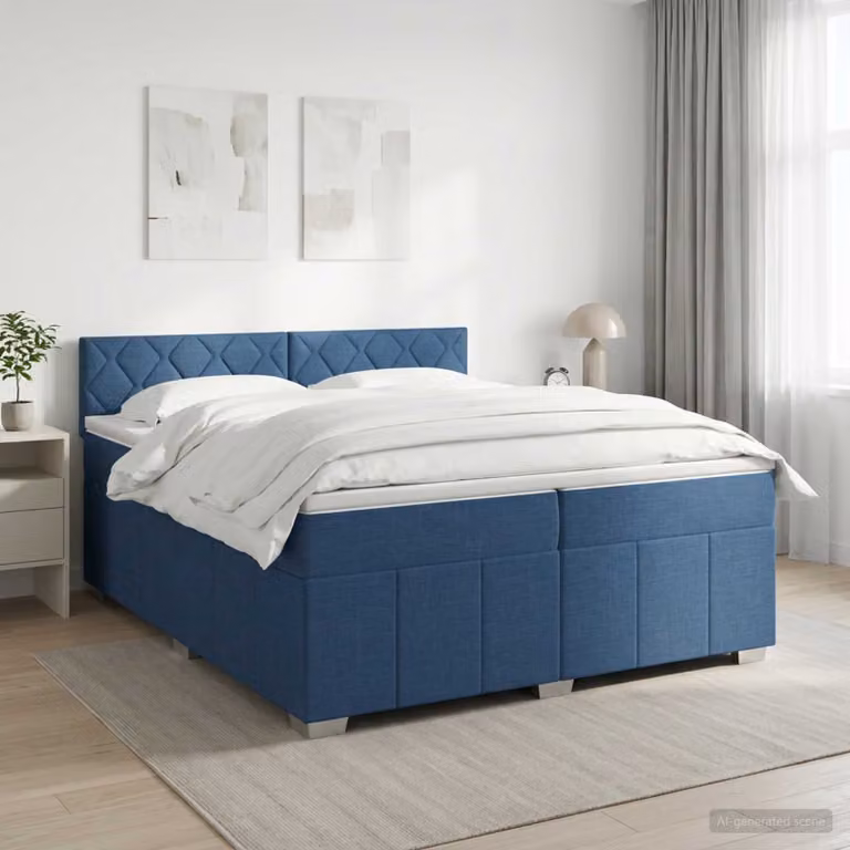 Letto box spring con materasso vidaXL in tessuto blu e bianco, L/P: 200 x 200 cm