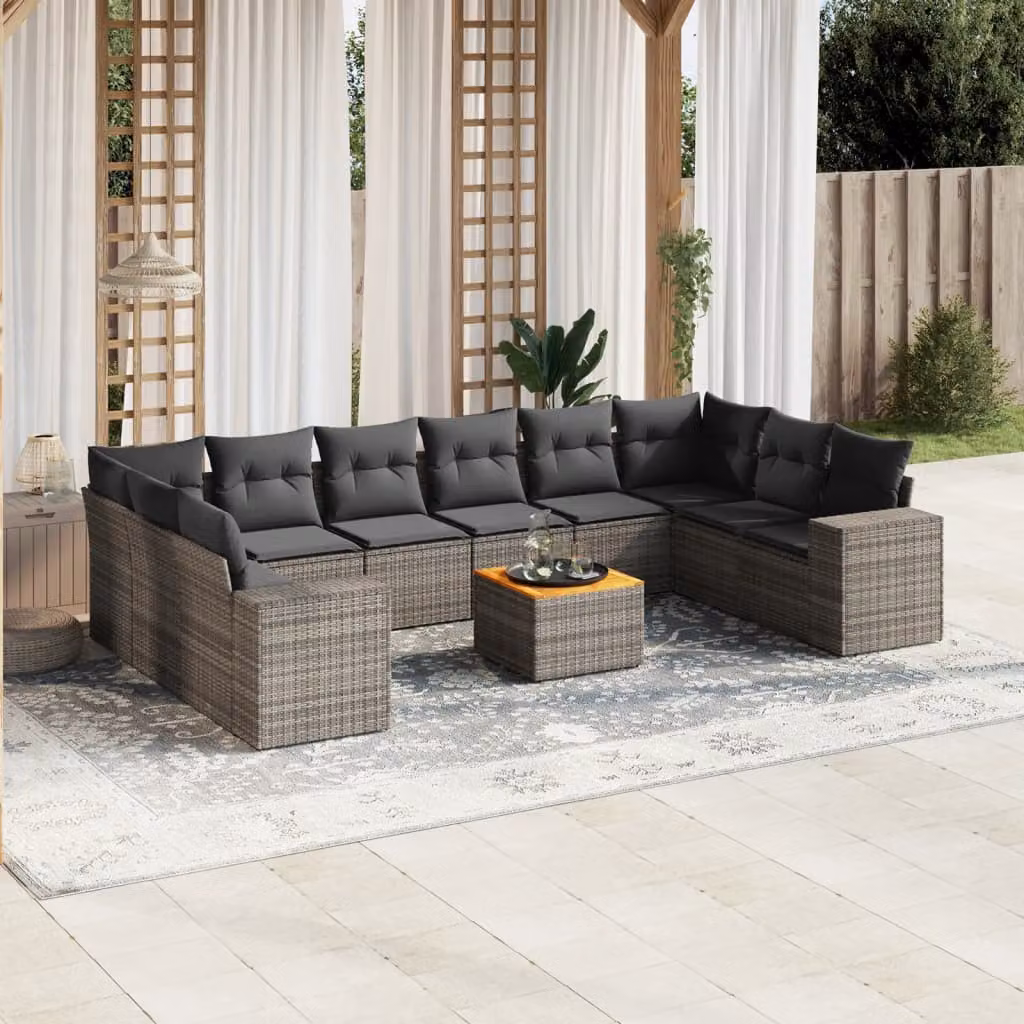 vidaXL Set Divani da Giardino a L 11 pz in Polyrattan Grigio con Cuscini – 1