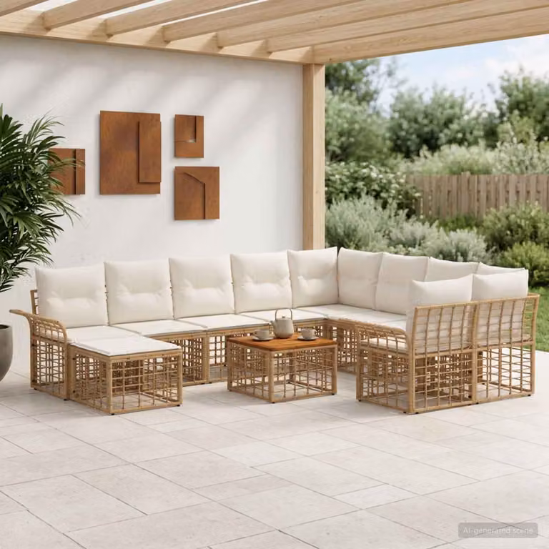 Set di divani da esterno vidaXL in polyrattan da 11 pezzi con cuscini, colore naturale e bianco crema, design moderno a L per giardino e terrazza
