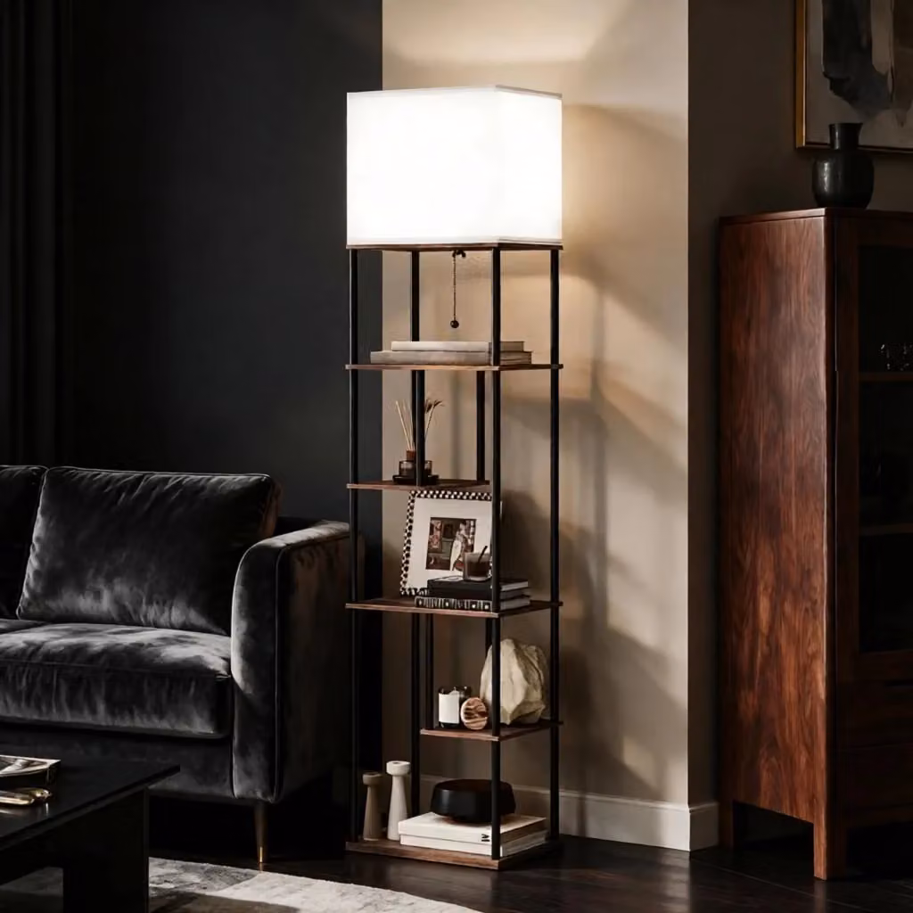 Lampada da terra con 5 ripiani beige e nero, dimmerabile con telecomando e timer, H 171 x L 40 x P 29 cm – 2