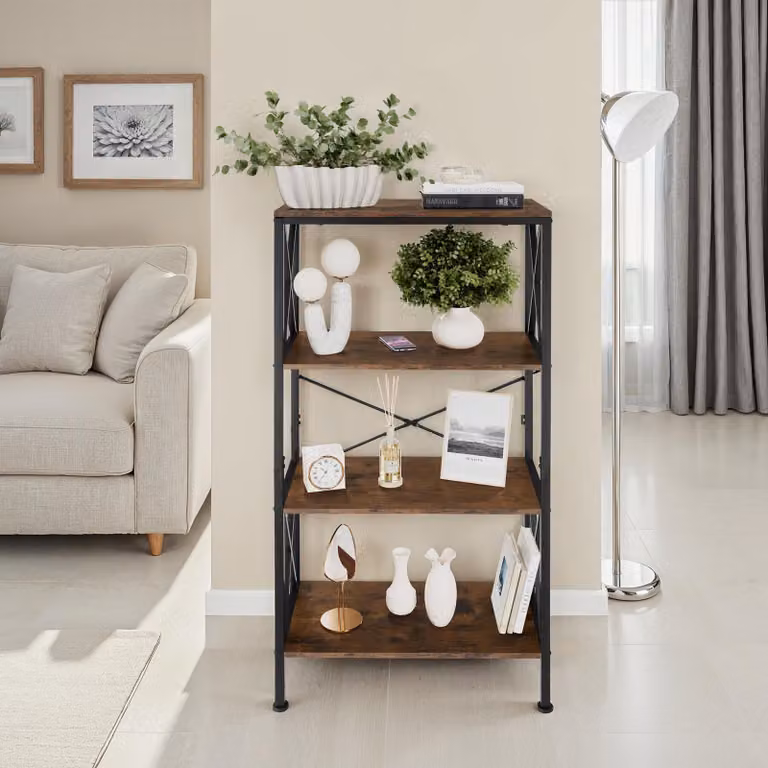Libreria Barry Tectake in stile industriale con finitura opaca, colore nero e marrone, L: 61,5 cm, P: 31,5 cm, H: 133,5 cm