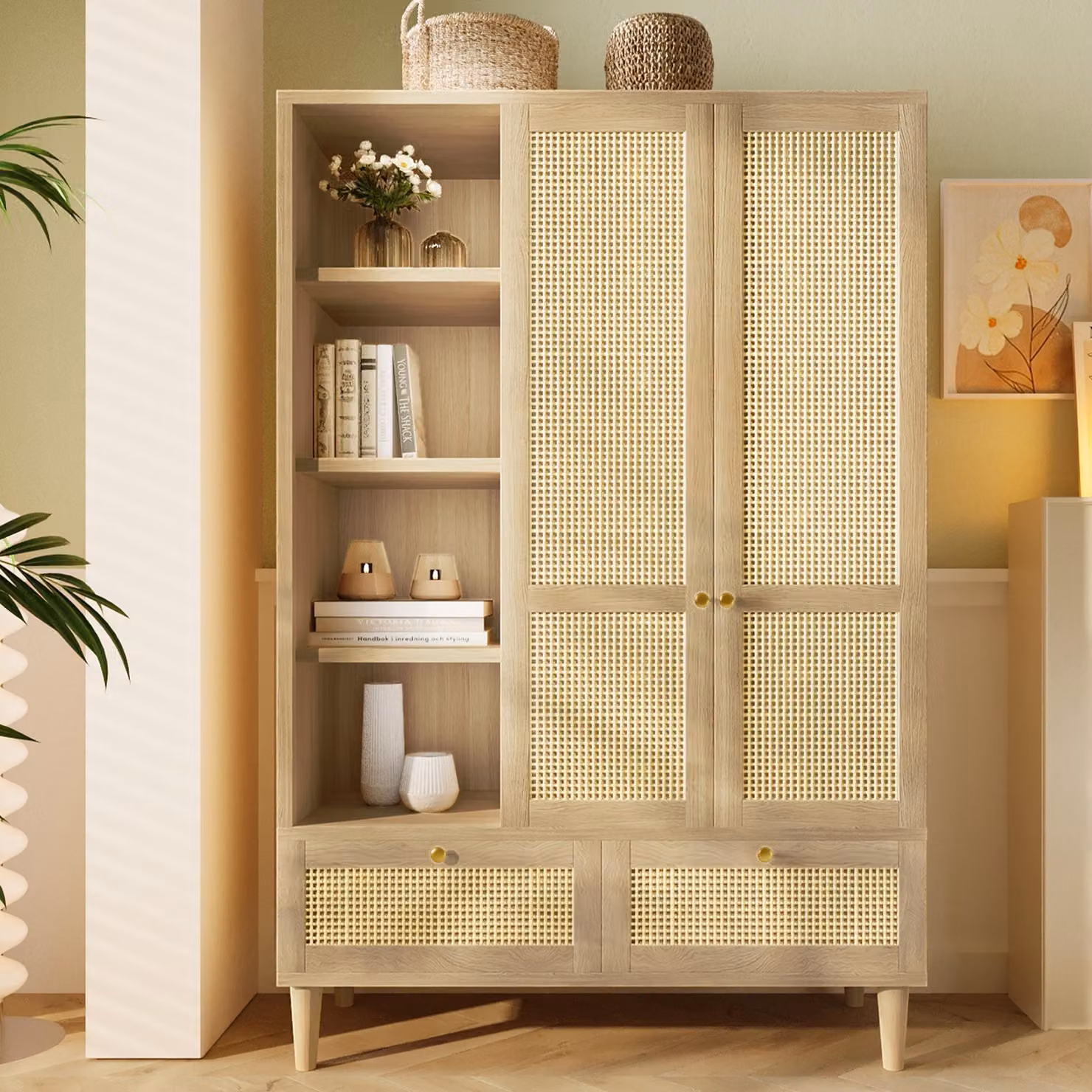 Armadio Flieks con ante e cassetti in rattan, guardaroba con asta appendiabiti e ripiani aperti, 120x50x180 cm, finitura naturale