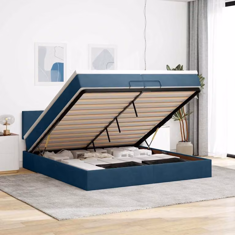 vidaXL Pouf Letto con Materasso e LED Blu Scuro in Velluto con Porta USB e Illuminazione Sotto il Letto L: 200 cm, P: 200 cm, H: 88 cm