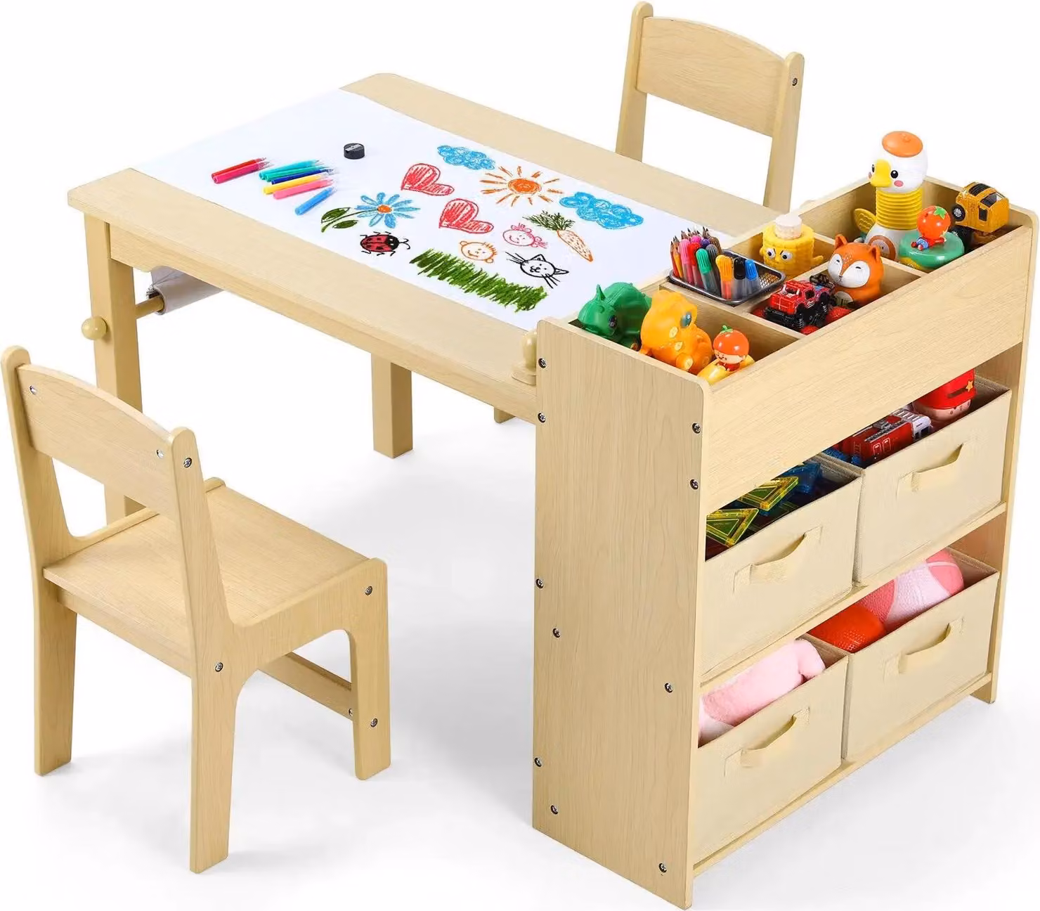 Tavolo da pittura per bambini con 2 sedie - Tavolo da bricolage e attività in legno - Con spazio per riporre: mensole, cassetti, cestini per tessuti, rotolo di carta - 103 x 56 x 64 cm - Legno naturale