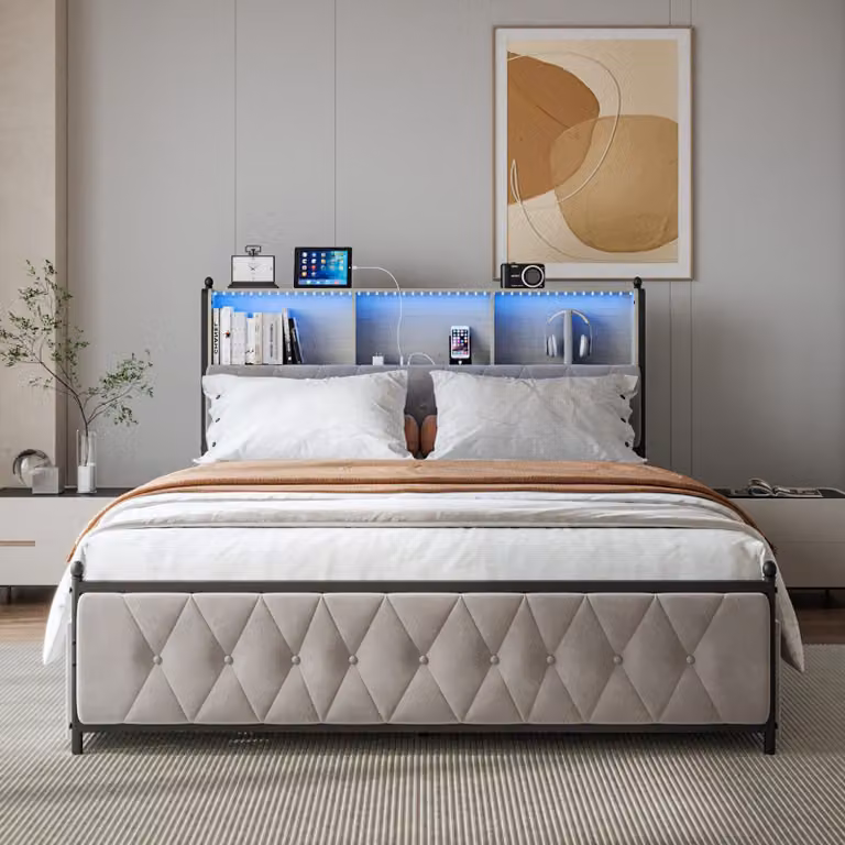 Letto imbottito Fortuna Lai 140x200cm, letto contenitore in metallo, con connessione di ricarica USB tipo C, letto matrimoniale LED, con giroletto e 4 cassetti, velluto, beige