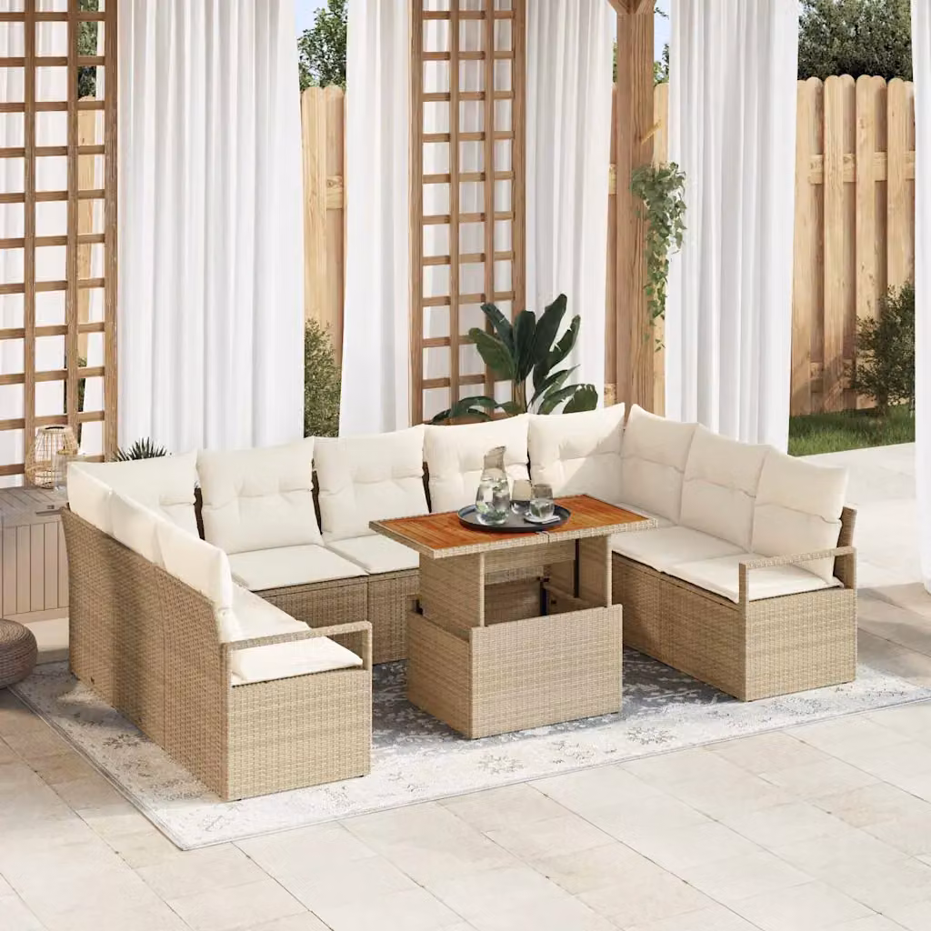 Set Divano da Giardino vidaXL 10 Pezzi Beige e Bianco con Cuscini e Tavolino da Caffè – 1