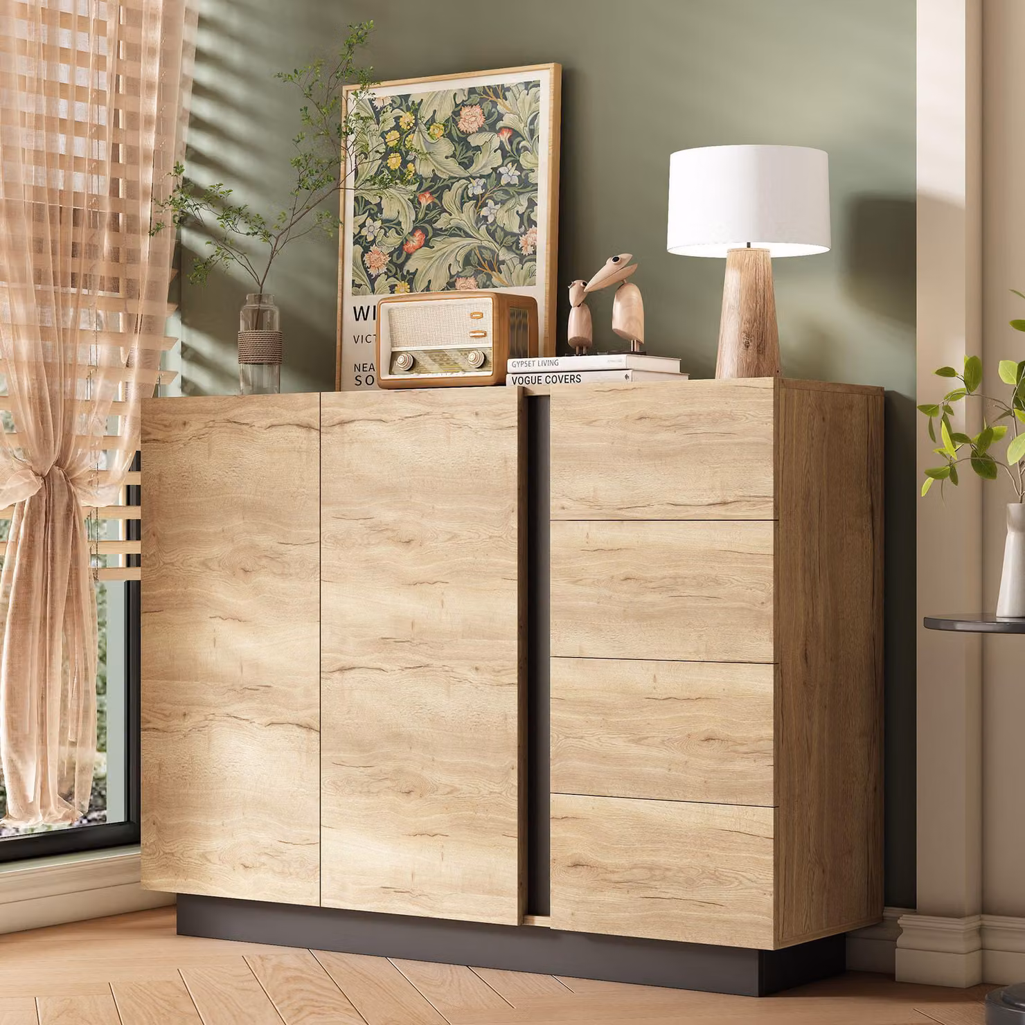 Credenza Merax, cassettiera con 4 cassetti e 2 ante, mobile contenitore senza maniglie con apertura a pressione, credenza per soggiorno e cucina, natura