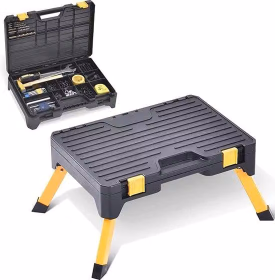 Sgabello da officina Unyqoos® con cassettiera per attrezzi – scaletta pieghevole a 1 gradino, 13 scomparti, 2 serrature, antiscivolo, nero