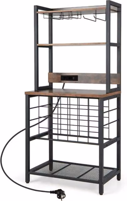 Mobile bar vino con 4 ripiani porta calici porte USB prese struttura in metallo-Portabottiglie industriale Marrone