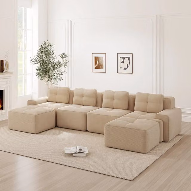 Divano modulare Zephmum a forma di U con funzione letto in velluto beige per 4 persone