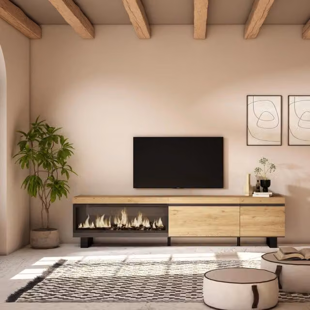Mobile TV Soggiorno, 237x35x57cm, TV di grande formato, Camino elettrico XXL, Design industriale, colore Rovere RF3592