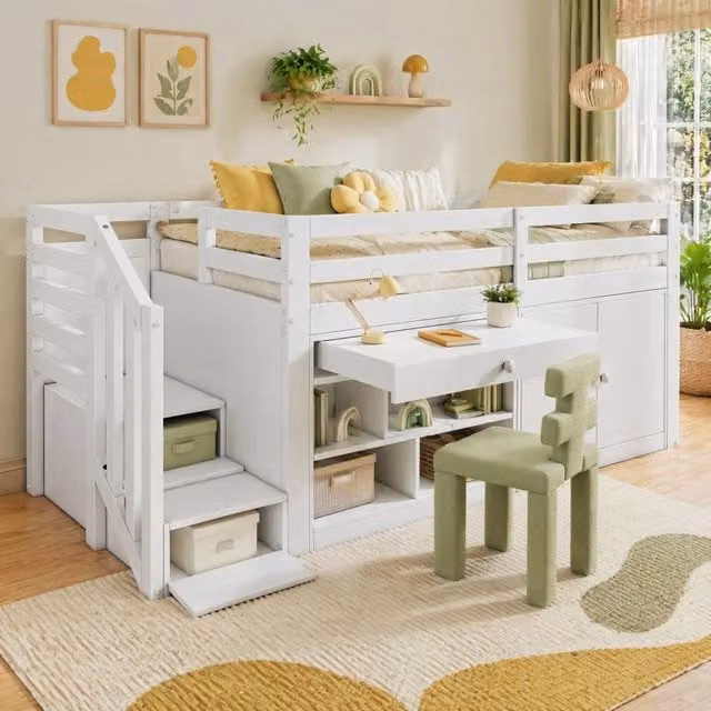 Letto per bambini 90x200 cm con contenitore, scala e cassetti in legno massello e MDF bianco