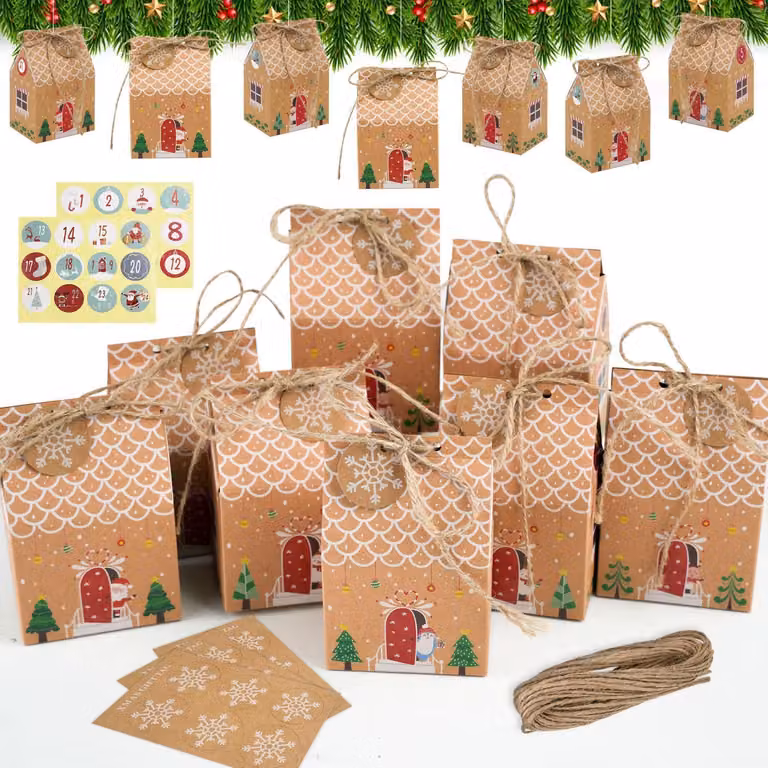 Calendario dell'Avvento da riempire, con 24 scomparti, numeri adesivi e corda di juta. Calendario di Natale fai-da-te per bambini e adulti