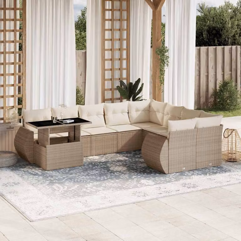vidaXL Set Divano da Giardino a L 10 pz con Cuscini Beige e Tavolino in Polyrattan e Metallo