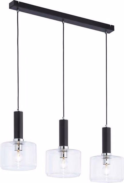 Lampada a sospensione moderna VANES Jupiter in metallo nero e vetro trasparente con 3 x E27, L: 77 cm