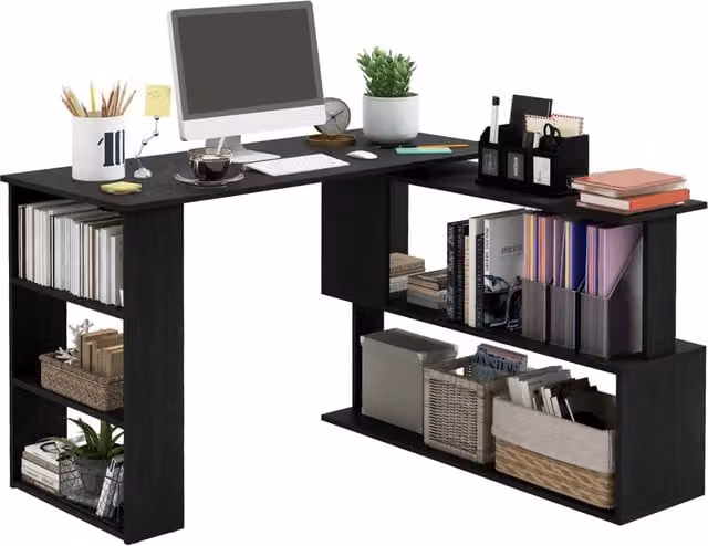 Scrivania Angolare Minimal con Piano Girevole e 5 Ripiani, Nero, L 120 x P 110 x H 74.5 cm – 1