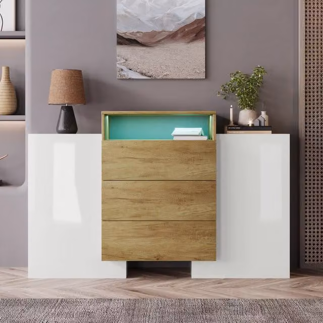 Credenza Moderna 140 cm Bianco Lucido e Legno con Luci LED Multicolore