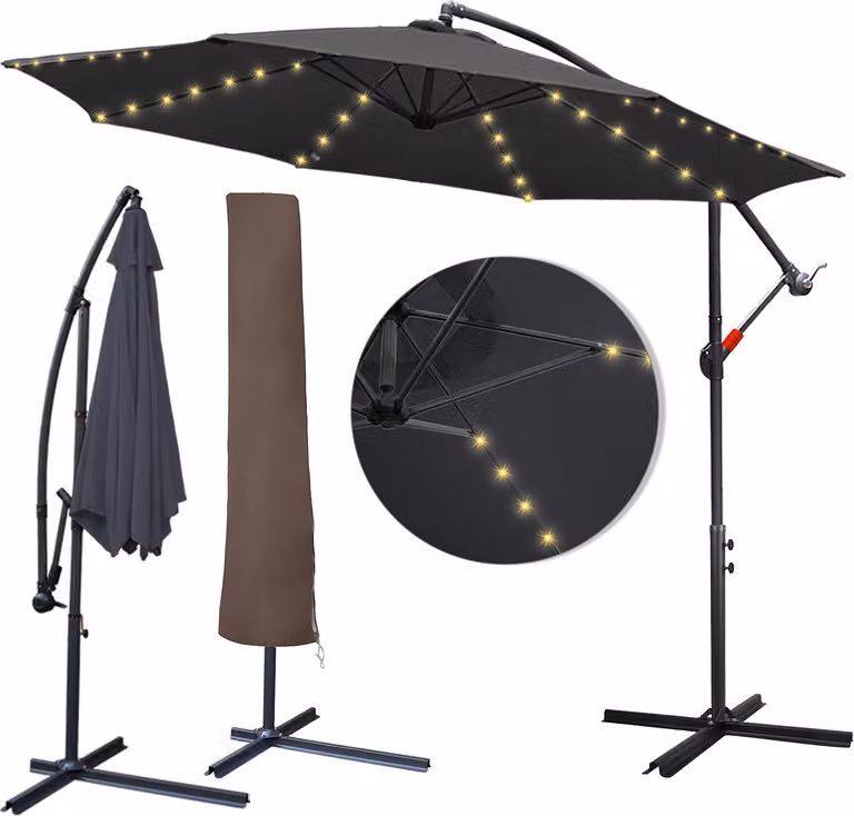 Jopassy 3,5m ombrellone da giardino con LED solare e copertura protettiva semaforo ombrellone padiglione a manovella alluminio, grigio, 3,5m