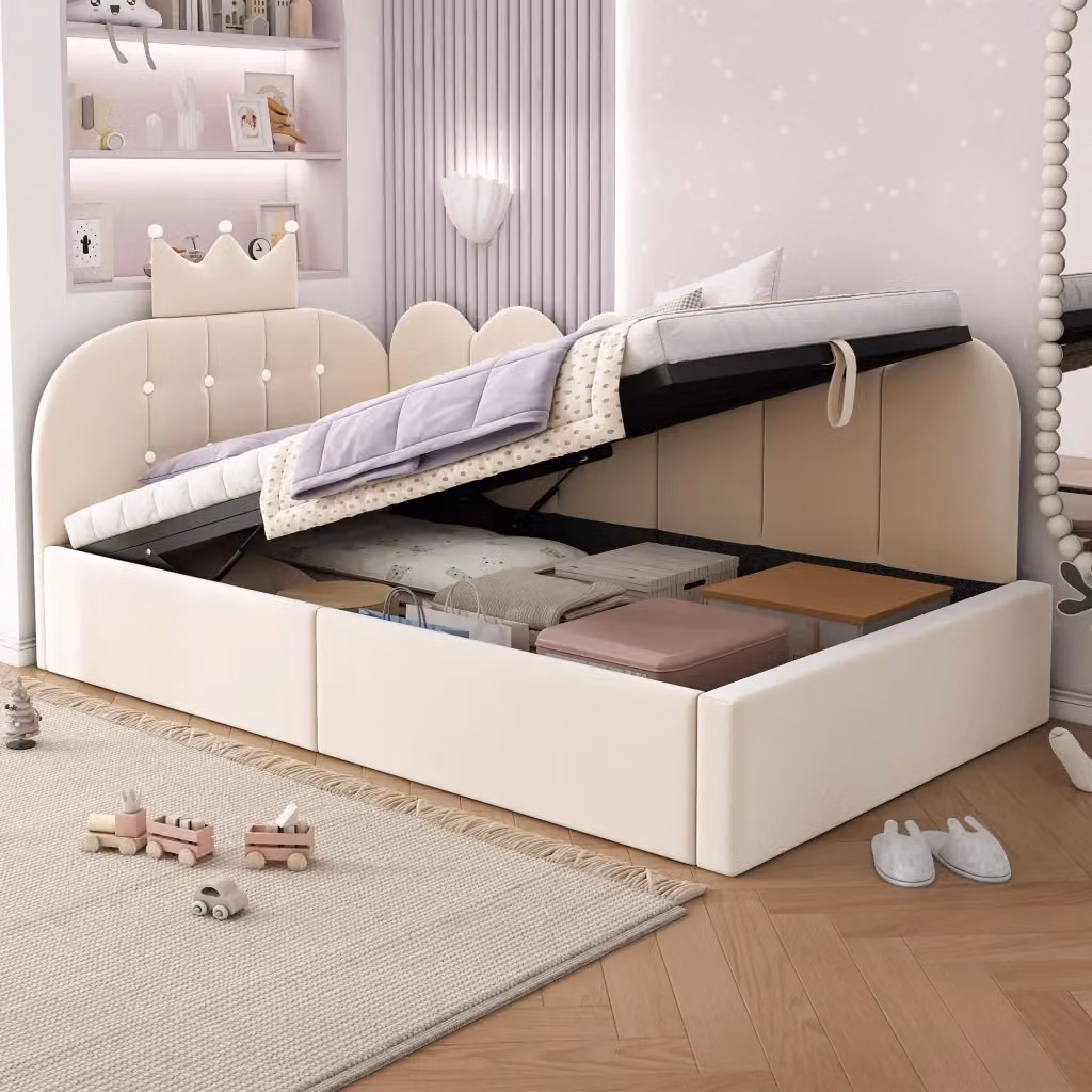Letto daybed singolo con contenitore idraulico e schienale in velluto beige, L/P/H: 190 x 90 x 36 cm – 2