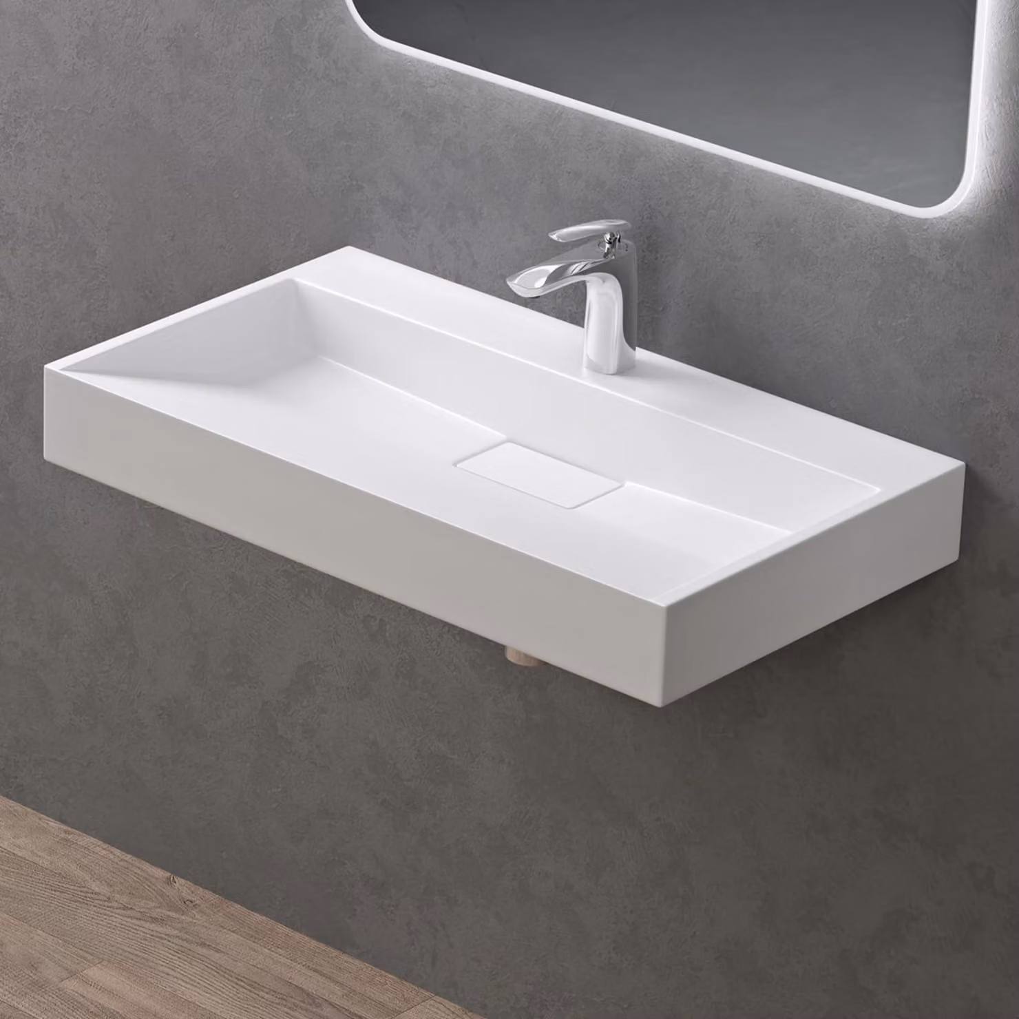 doporro Lavabo da Appoggio Bagno Sospeso Lavandino Rettangolare in Marmoresina con Piletta di Scarico Inclusa Colossum19, 70x46x11 cm Bianco Opaco Monoforo