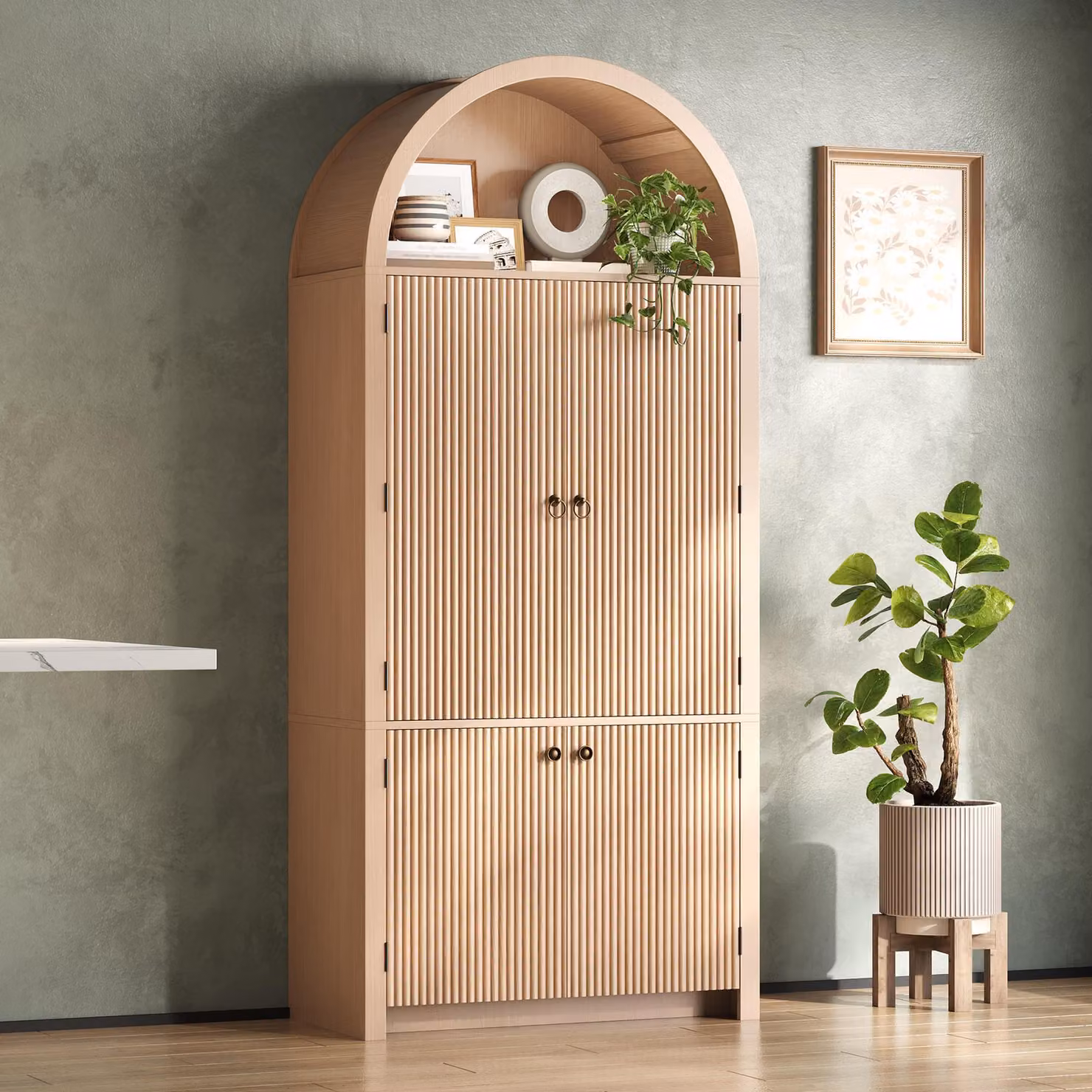 Mobile a forma di arco Flieks con ripiani sulle ante e vano superiore aperto, mobile da cucina, mobile alto 80x40x180 cm, effetto legno