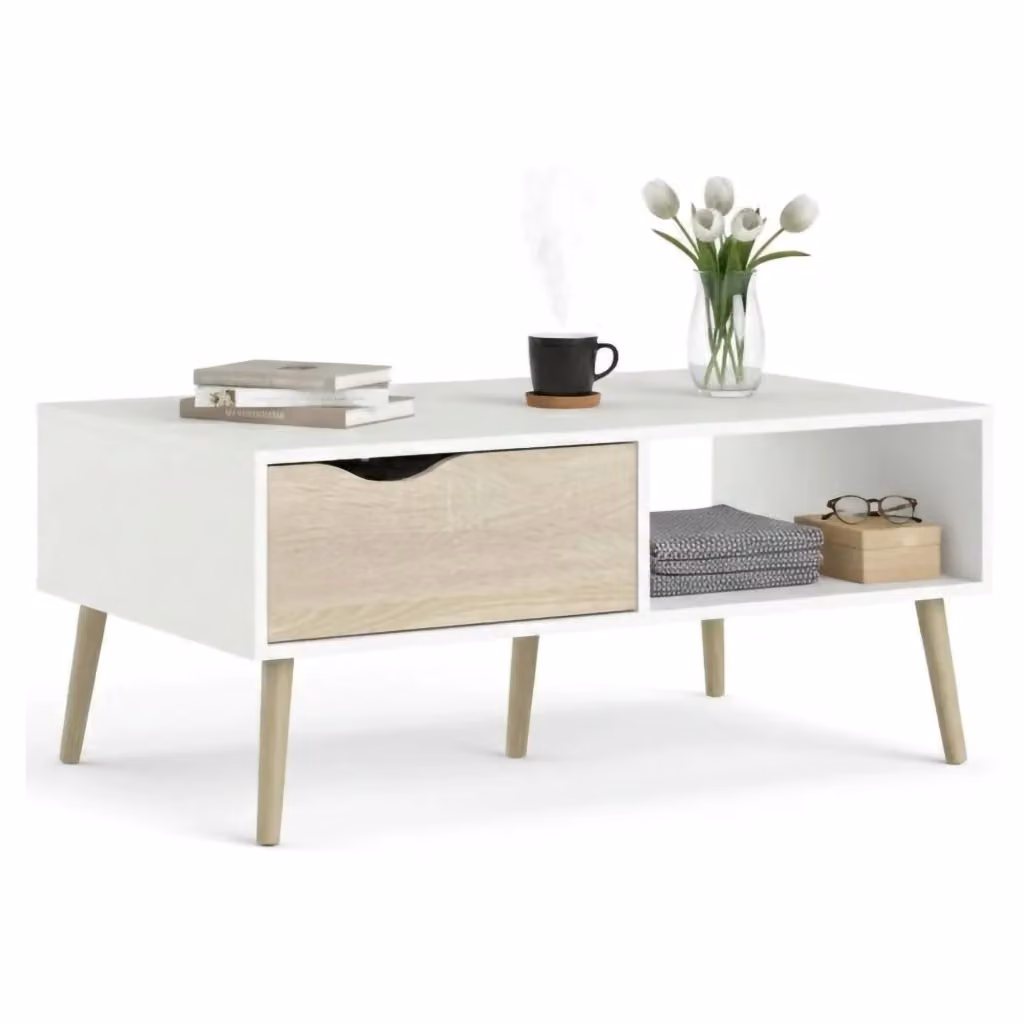 Tavolino da salotto Sfene moderno in bianco e quercia, L 99 cm x P 60 cm x H 43 cm – 2
