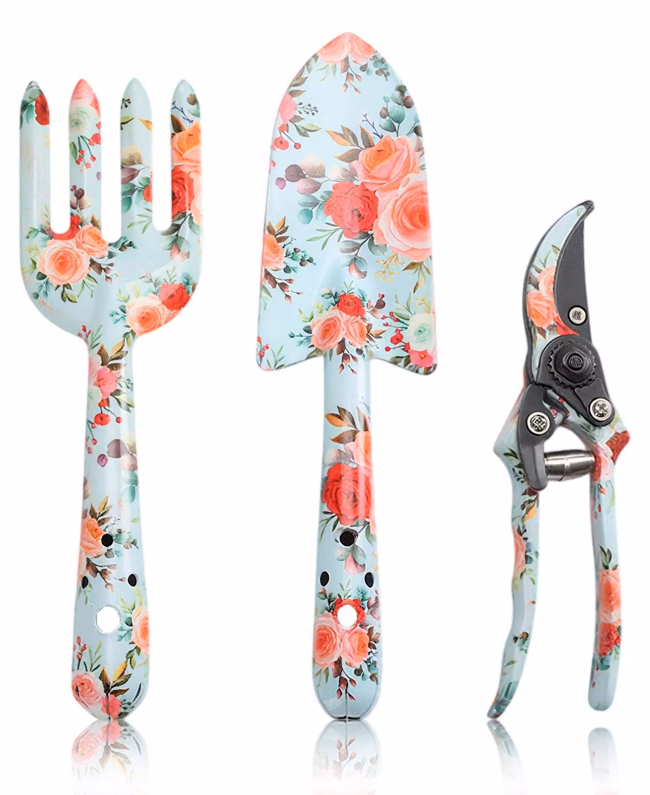 Set di attrezzi da giardino, composto da 3 pezzi, con stampa, che include: forbici da giardino, paletta da giardino e zappa da giardino, ideali per lavori di giardinaggio