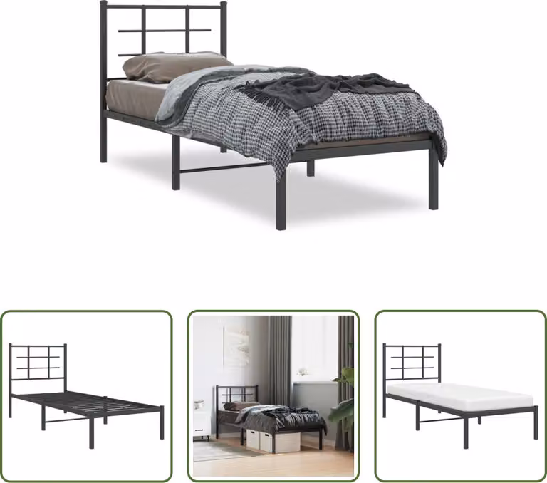 The Living Store Struttura letto con testiera in metallo nero 75x190 cm