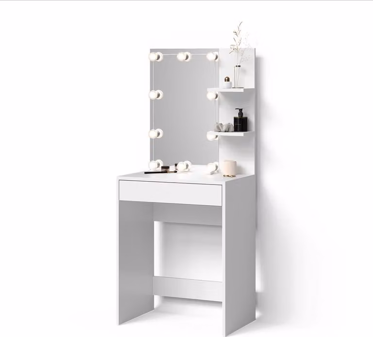 Tavolo da toeletta Livinity Nola Bianco 60 cm con specchio e catena luminosa LED, Model 52344
