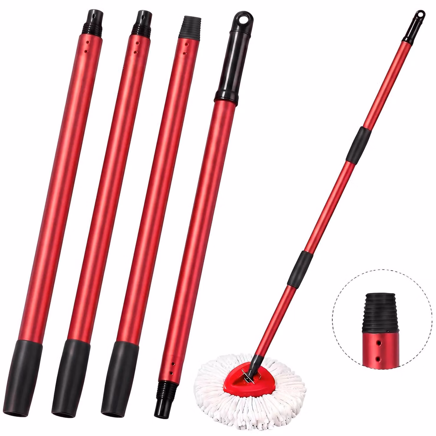 Manico di ricambio per mop, set da 4 pezzi, regolabile, in acciaio inossidabile, rosso/nero