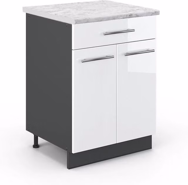 Mobiletto base per cucina Fame-Line Bianco lucido/Antracite 60 cm con cassetto, PL Marmo Vicco